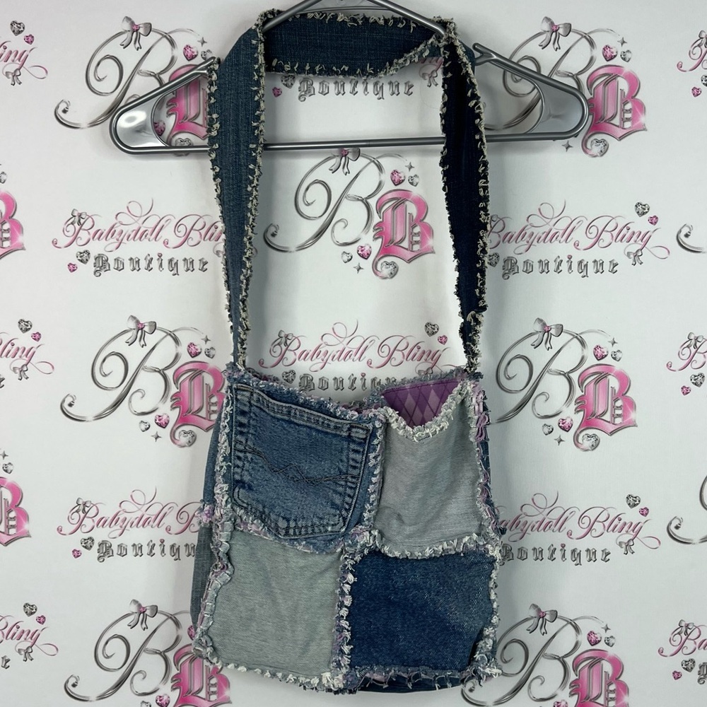 Bag Patchwork Jean distressed argyle interior purple blue Denim Shoulder Bag